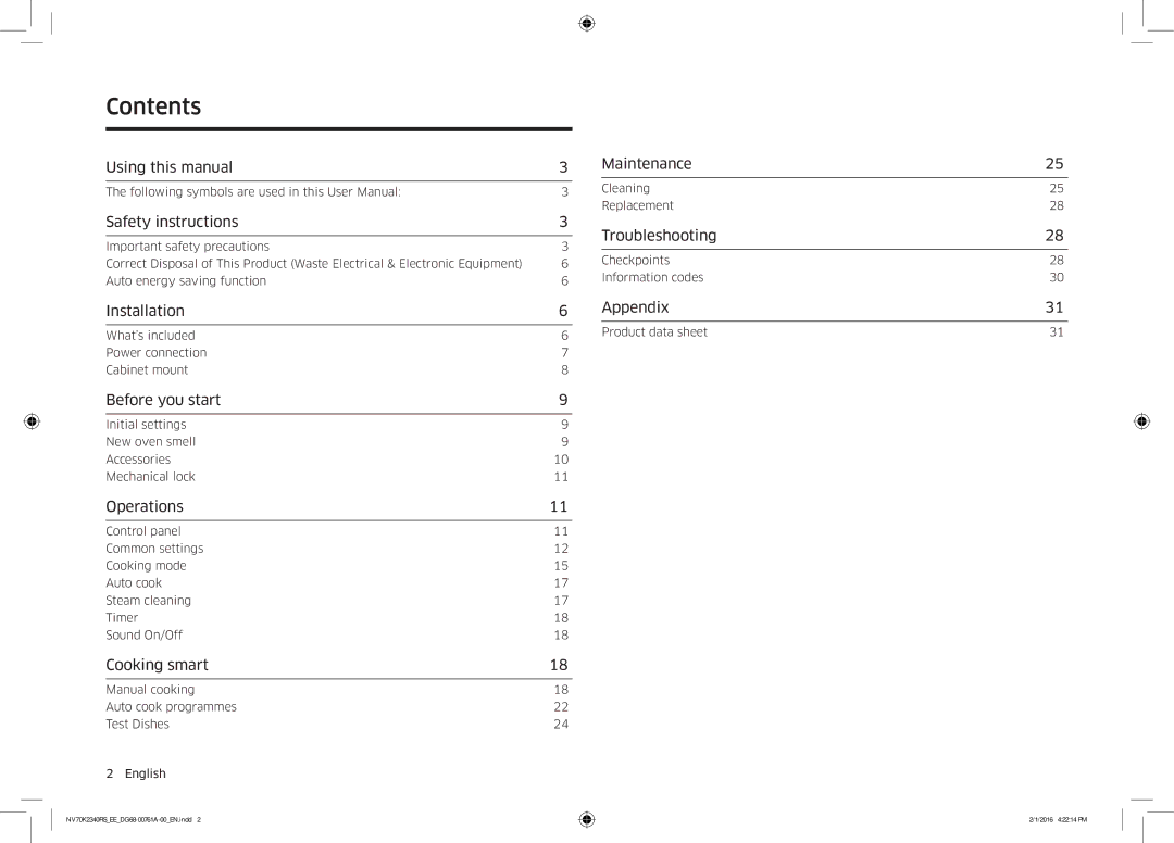 Samsung NV70K2340RS/EE manual Contents 