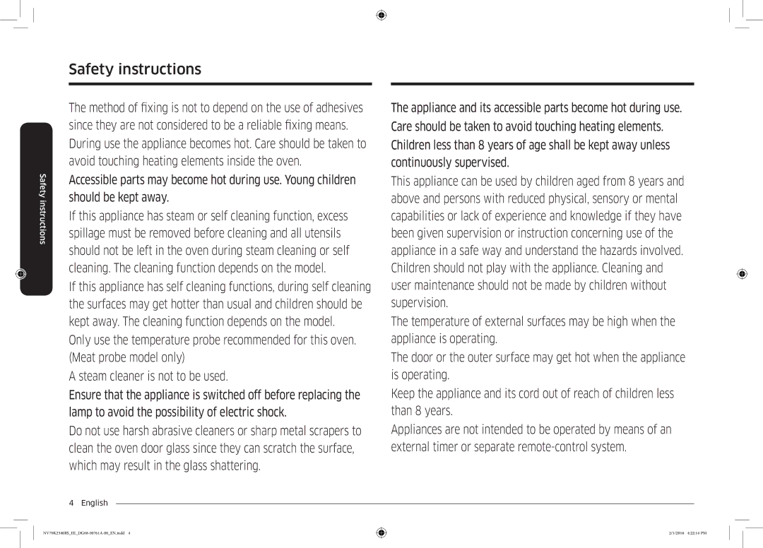 Samsung NV70K2340RS/EE manual Safety instructions 