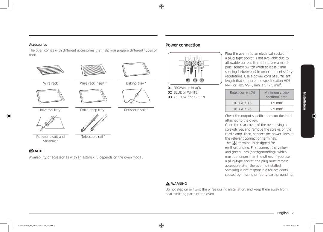 Samsung NV70K2340RS/EE manual Power connection 