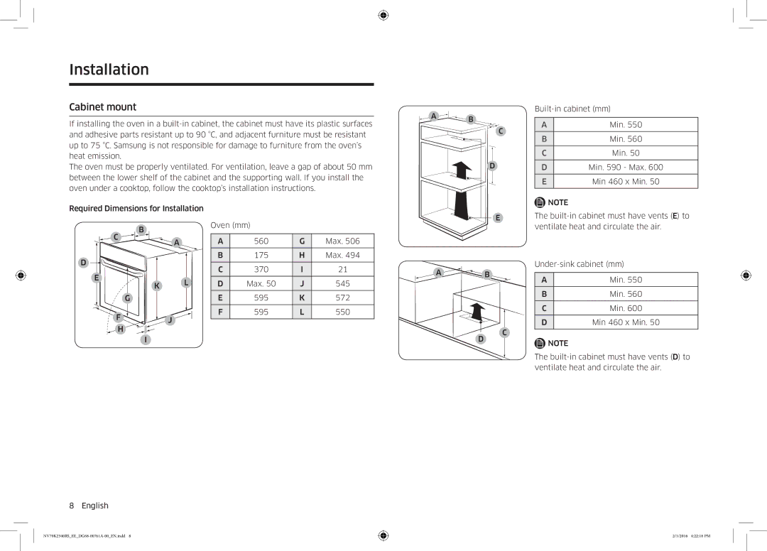 Samsung NV70K2340RS/EE manual Installation, Cabinet mount 