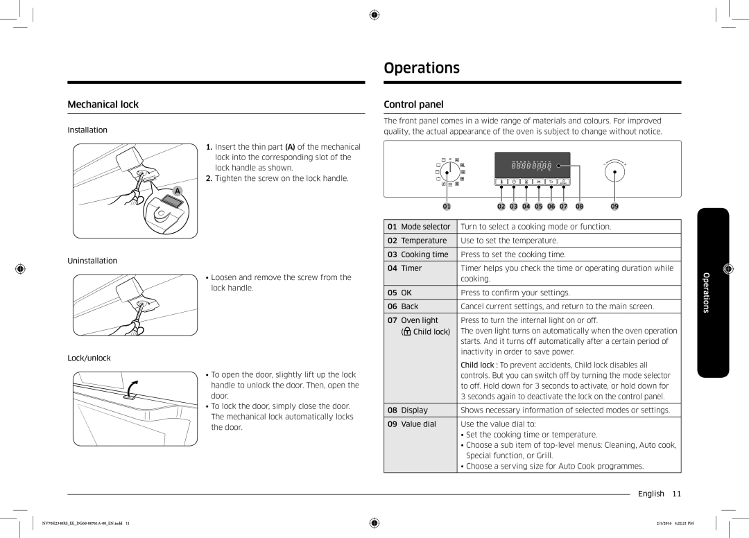 Samsung NV70K2340RS/EE manual Operations, Mechanical lock, Control panel 