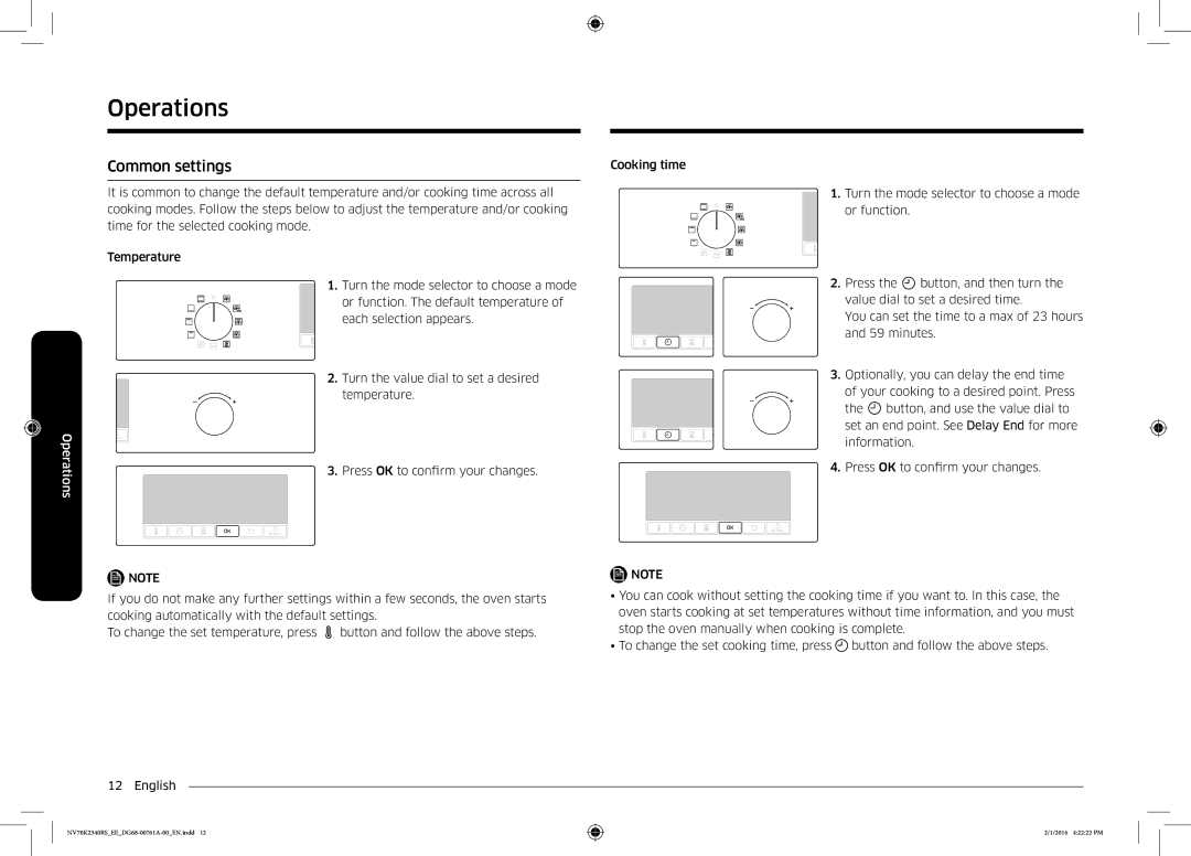 Samsung NV70K2340RS/EE manual Common settings 