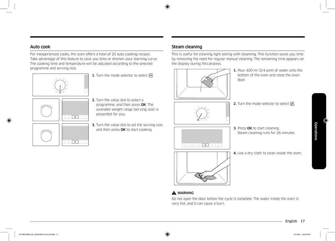 Samsung NV70K2340RS/EE manual Auto cook, Steam cleaning 