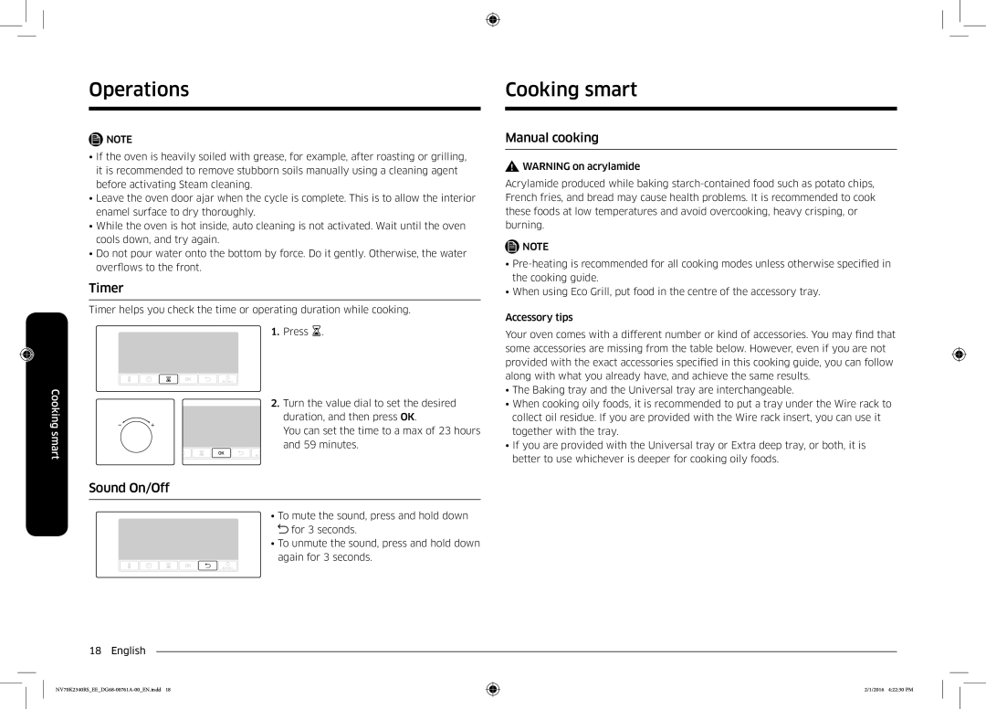 Samsung NV70K2340RS/EE manual Operations Cooking smart, Sound On/Off, Manual cooking 