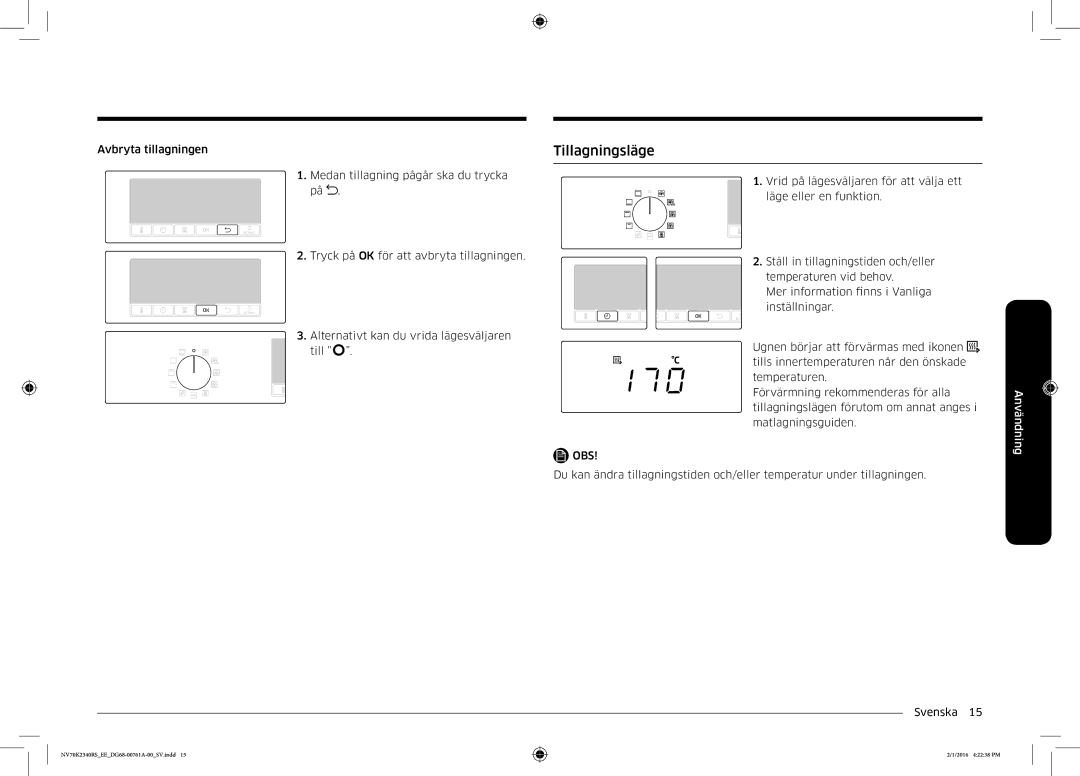 Samsung NV70K2340RS/EE manual Tillagningsläge 