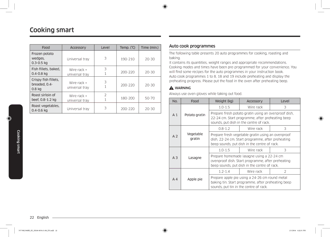 Samsung NV70K2340RS/EE manual Auto cook programmes 