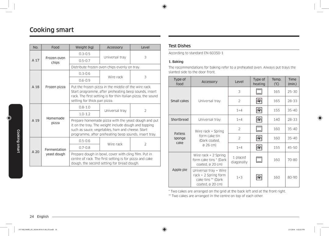 Samsung NV70K2340RS/EE manual Test Dishes, According to standard EN Baking 