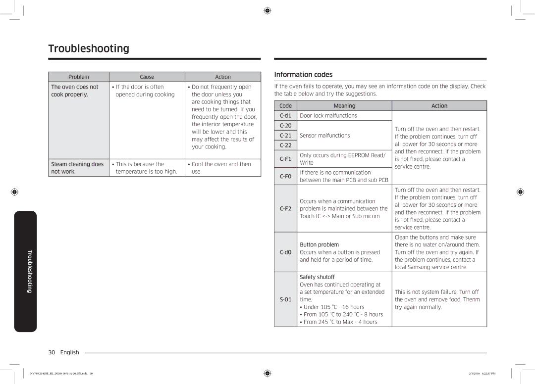 Samsung NV70K2340RS/EE manual Information codes 