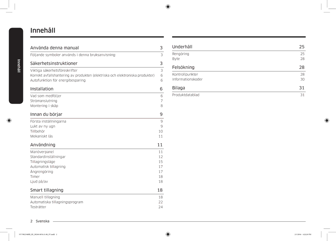 Samsung NV70K2340RS/EE manual Innehåll 