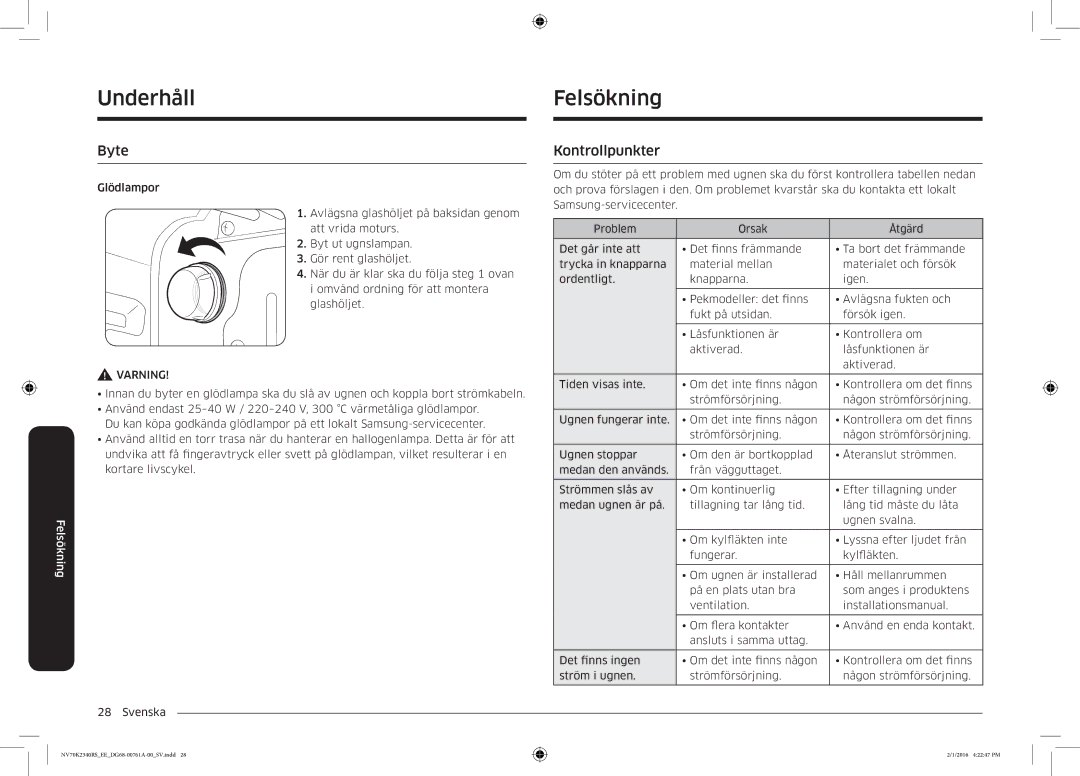 Samsung NV70K2340RS/EE manual Underhåll Felsökning, Byte, Kontrollpunkter 