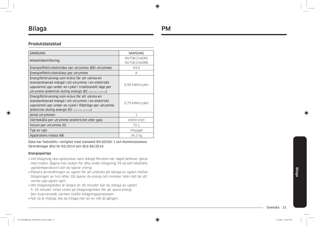 Samsung NV70K2340RS/EE manual Bilaga, Produktdatablad 