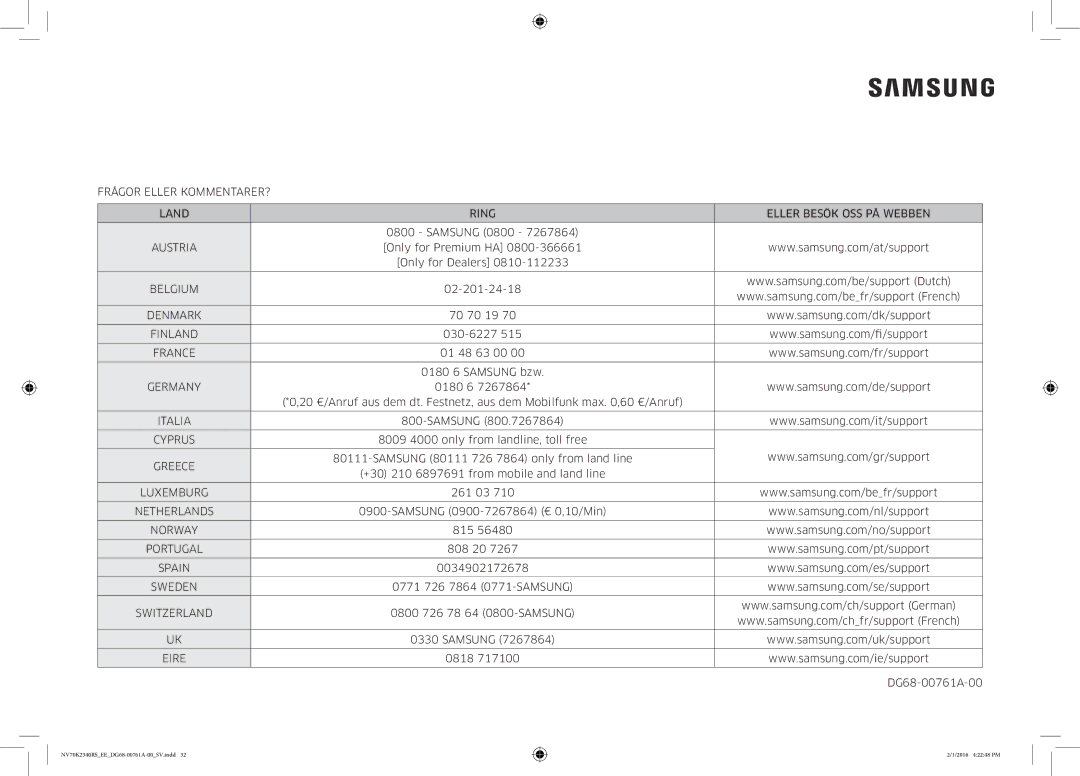 Samsung NV70K2340RS/EE manual Austria 