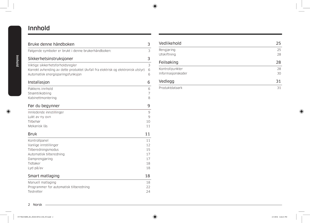 Samsung NV70K2340RS/EE manual Innhold 