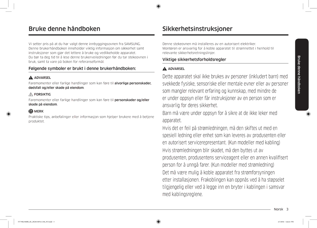 Samsung NV70K2340RS/EE Sikkerhetsinstruksjoner, Bruke denne håndboken, Følgende symboler er brukt i denne brukerhåndboken 