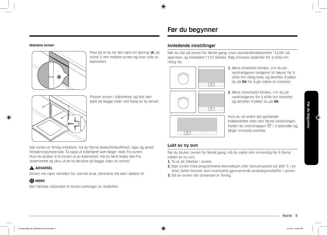 Samsung NV70K2340RS/EE manual Før du begynner, Innledende innstillinger, Lukt av ny ovn 