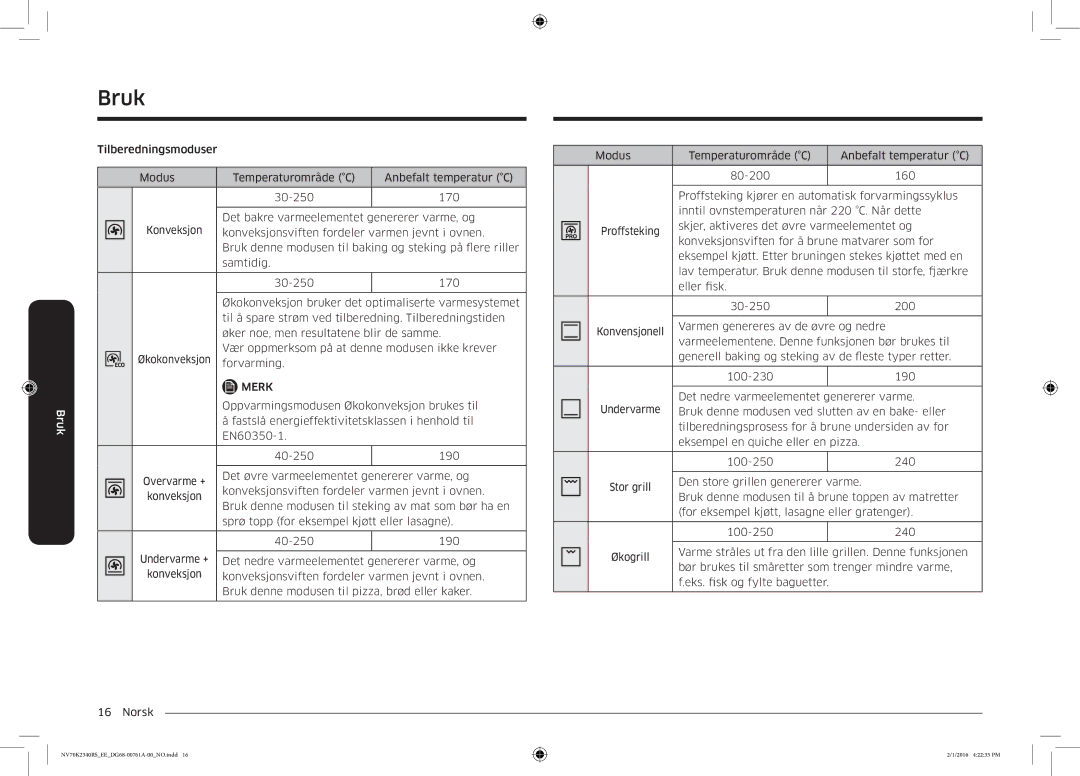 Samsung NV70K2340RS/EE manual Vær oppmerksom på at denne modusen ikke krever 