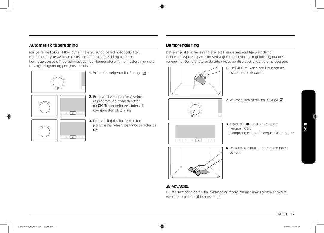 Samsung NV70K2340RS/EE manual Automatisk tilberedning, Damprengjøring 