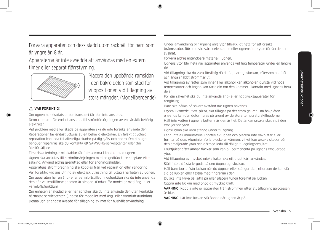 Samsung NV70K2340RS/EE manual VAR Försiktig 