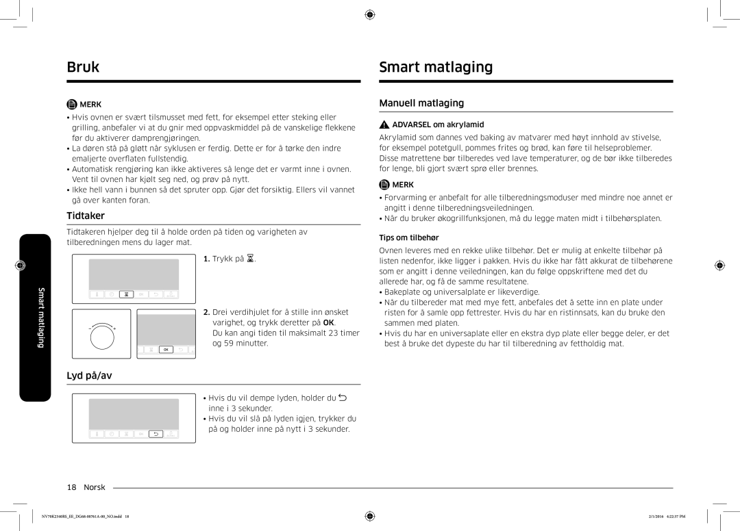 Samsung NV70K2340RS/EE manual Bruk Smart matlaging, Tidtaker, Lyd på/av, Manuell matlaging 