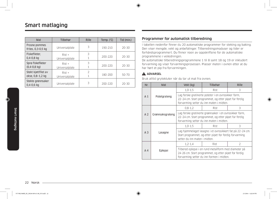 Samsung NV70K2340RS/EE manual Programmer for automatisk tilberedning 