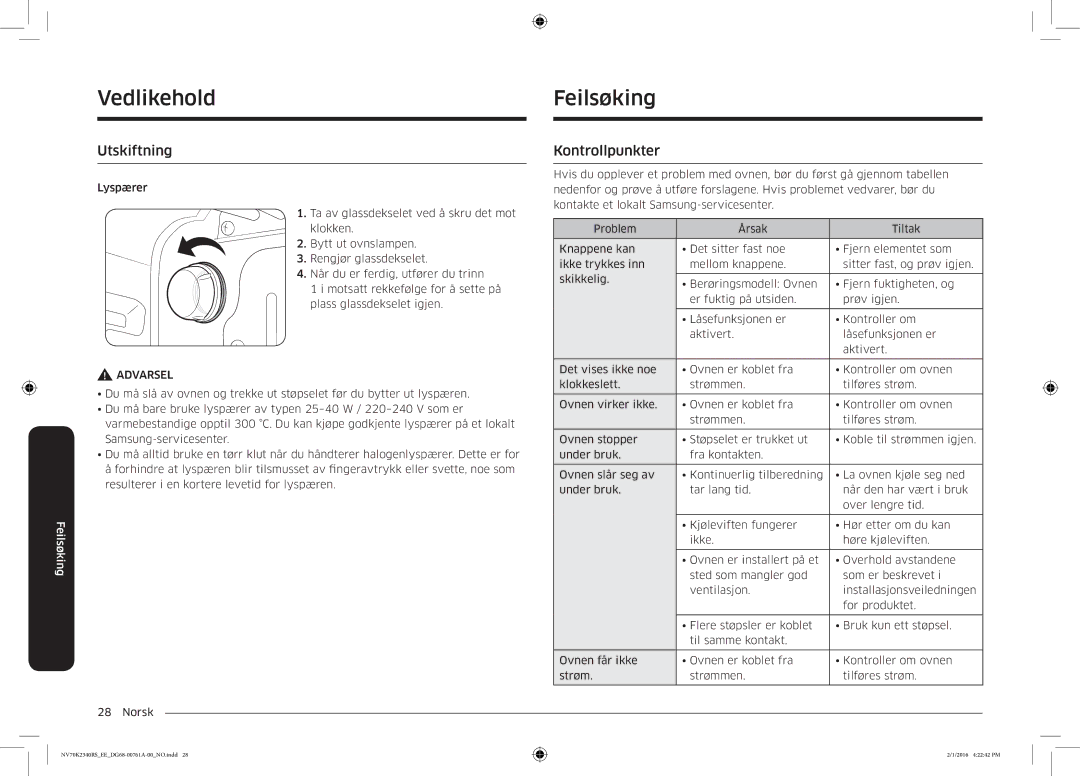 Samsung NV70K2340RS/EE manual Vedlikehold Feilsøking, Utskiftning 