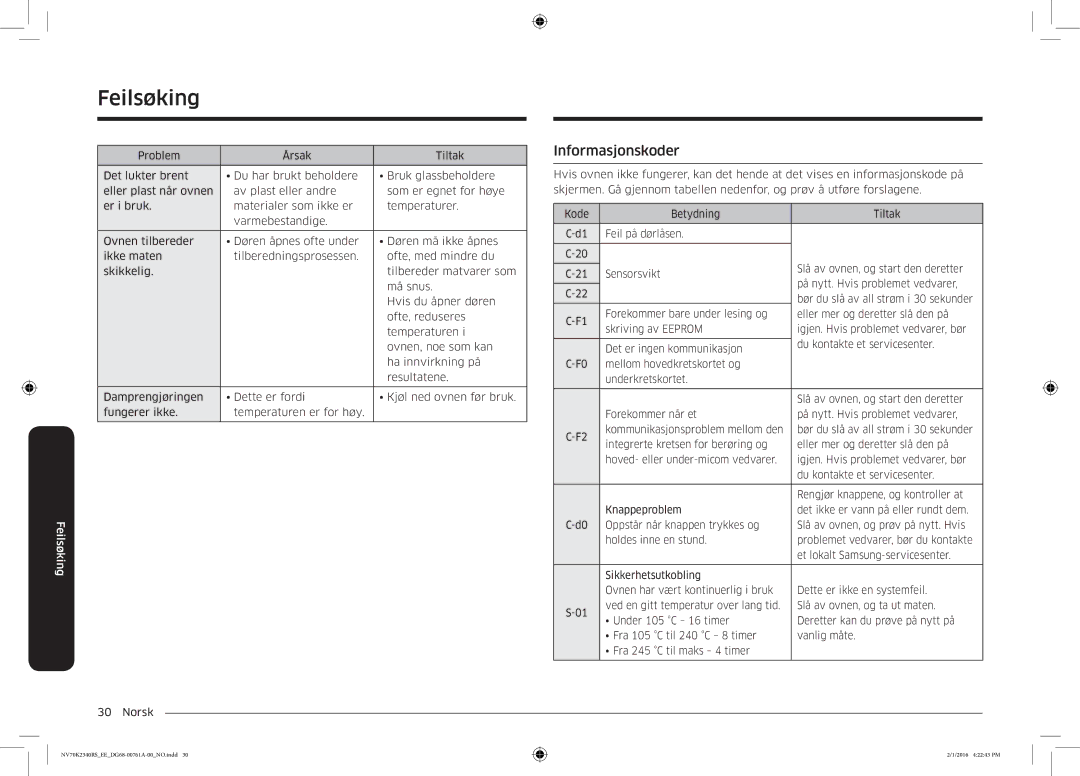 Samsung NV70K2340RS/EE manual Informasjonskoder 