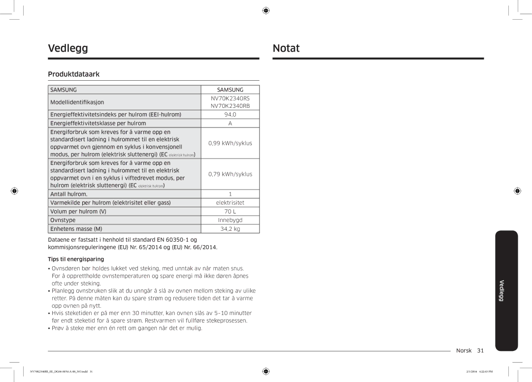 Samsung NV70K2340RS/EE manual Notat, Vedlegg, Produktdataark 