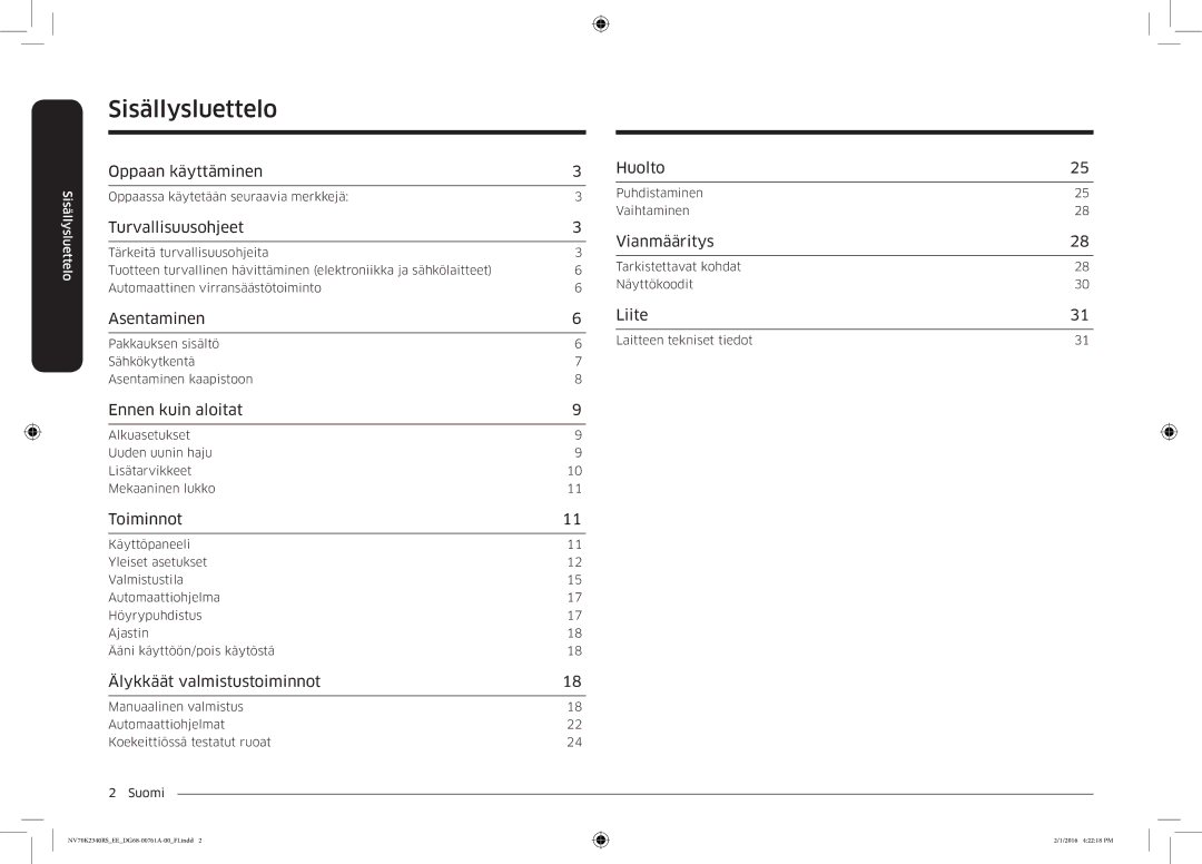 Samsung NV70K2340RS/EE manual Sisällysluettelo 