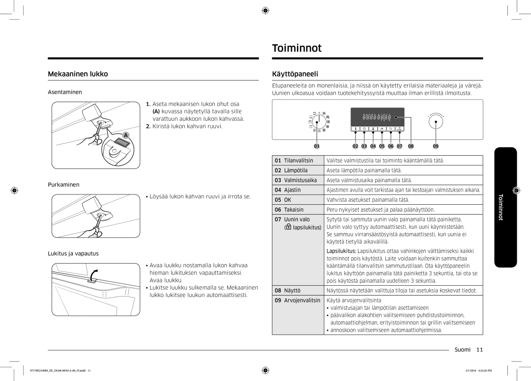 Samsung NV70K2340RS/EE manual Toiminnot, Mekaaninen lukko, Käyttöpaneeli 