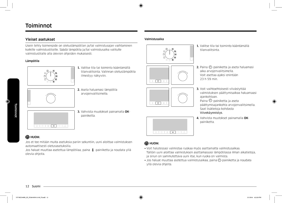 Samsung NV70K2340RS/EE manual Yleiset asetukset 