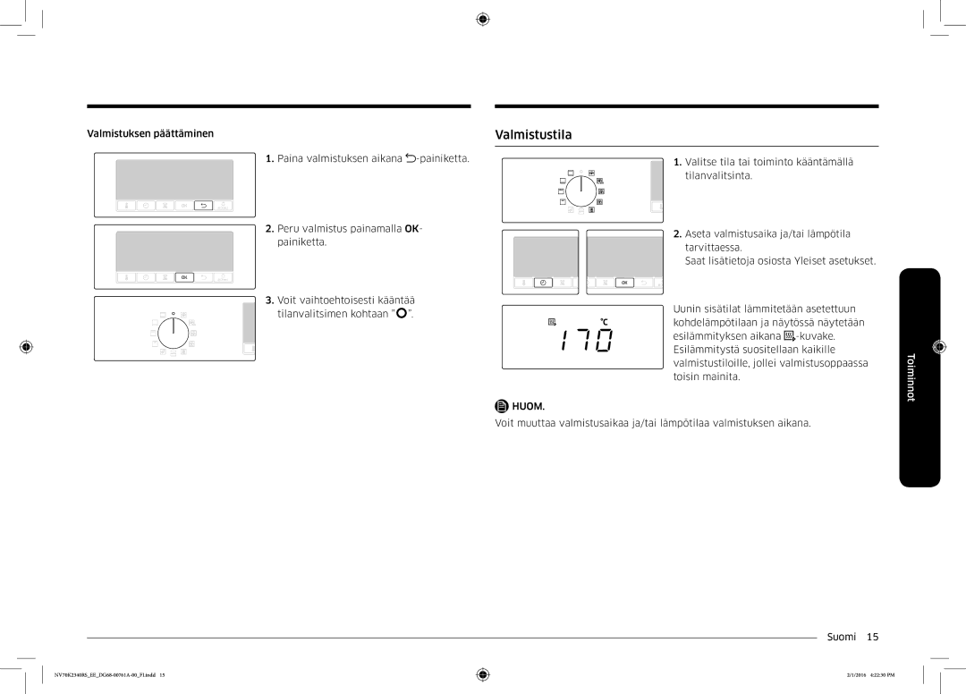 Samsung NV70K2340RS/EE manual Valmistustila 