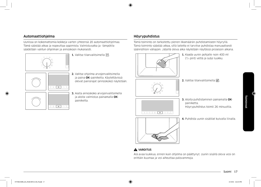 Samsung NV70K2340RS/EE manual Automaattiohjelma, Höyrypuhdistus 