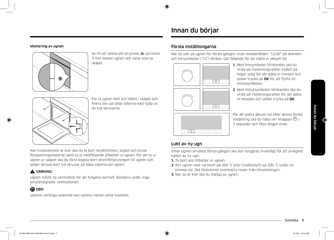 Samsung NV70K2340RS/EE manual Innan du börjar, Första inställningarna, Lukt av ny ugn 