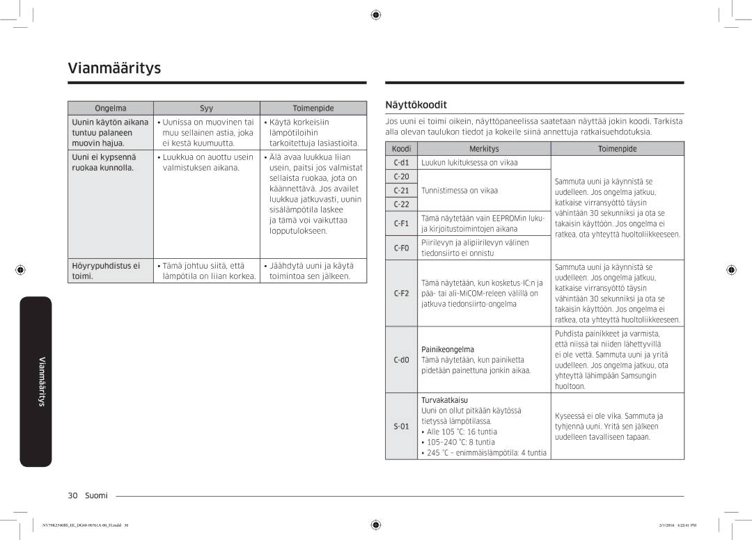 Samsung NV70K2340RS/EE manual Näyttökoodit 