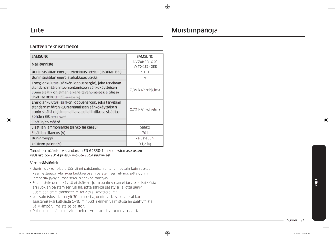 Samsung NV70K2340RS/EE manual Muistiinpanoja, Liite, Laitteen tekniset tiedot 