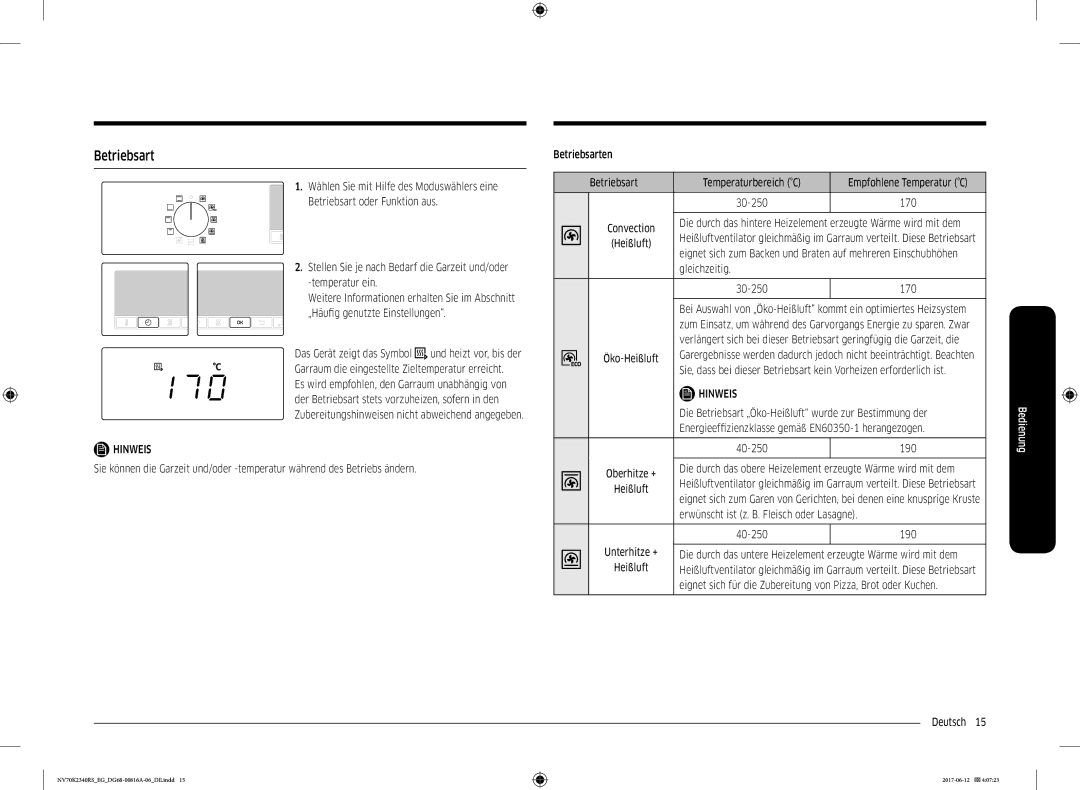 Samsung NV70K2340RS/EG, NV70K2340BS/EG, NV70K2340RM/EG manual Betriebsart 