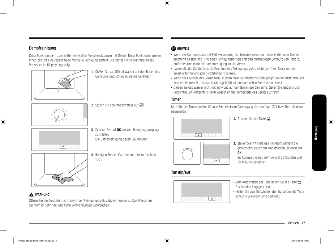 Samsung NV70K2340RM/EG, NV70K2340RS/EG Dampfreinigung, Timer, Ton ein/aus, Stellen Sie mit Hilfe des Funktionswählers die 