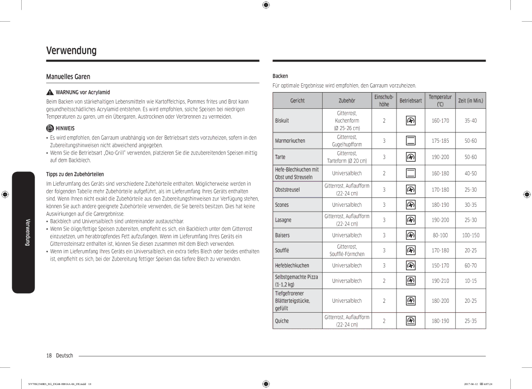 Samsung NV70K2340RS/EG, NV70K2340BS/EG, NV70K2340RM/EG manual Verwendung, Manuelles Garen 