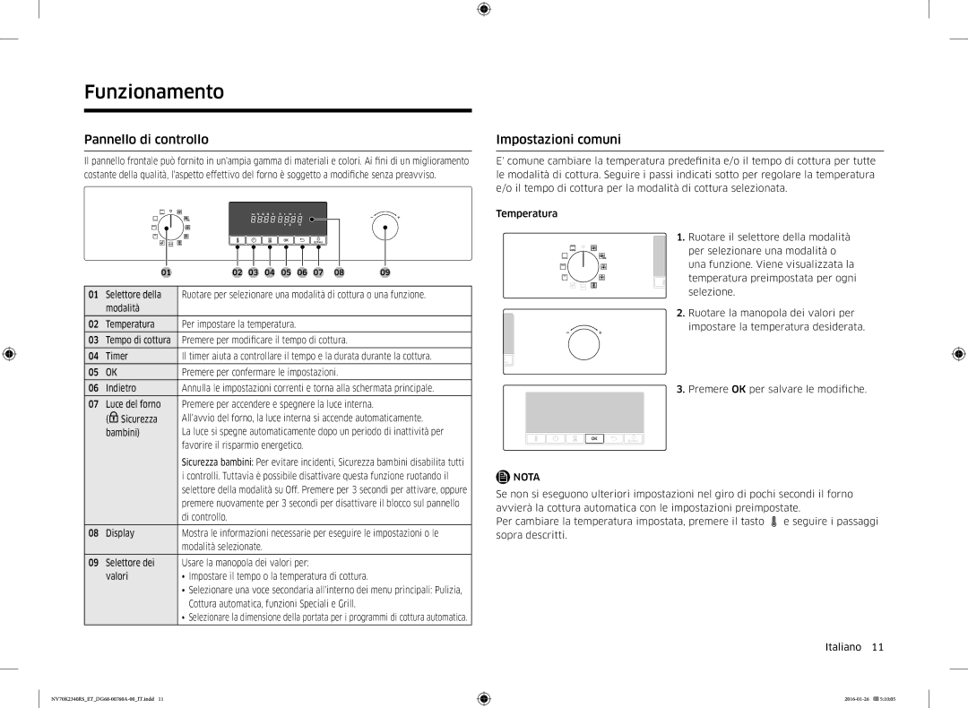 Samsung NV70K2340RS/ET manual Funzionamento, Pannello di controllo, Impostazioni comuni 