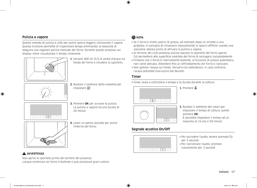 Samsung NV70K2340RS/ET manual Pulizia a vapore, Timer, Segnale acustico On/Off 