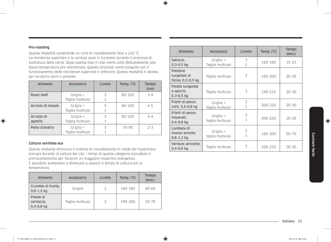 Samsung NV70K2340RS/ET manual Cucinare facile 