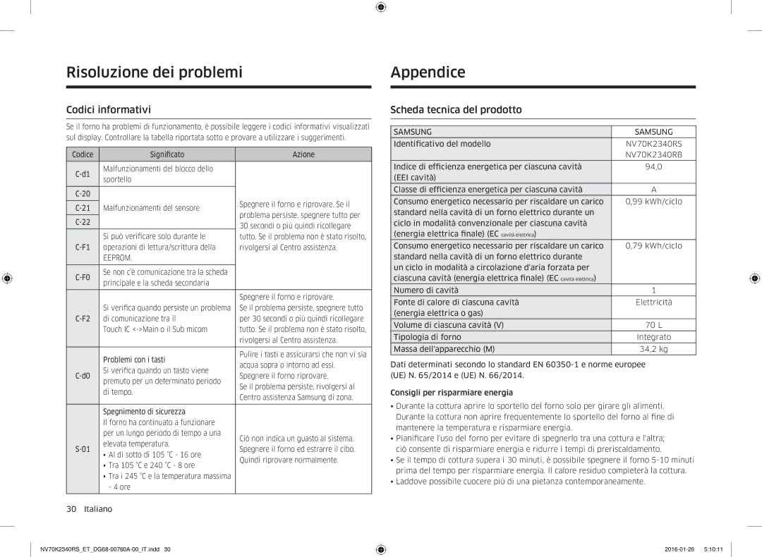 Samsung NV70K2340RS/ET manual Risoluzione dei problemi Appendice, Codici informativi, Scheda tecnica del prodotto 