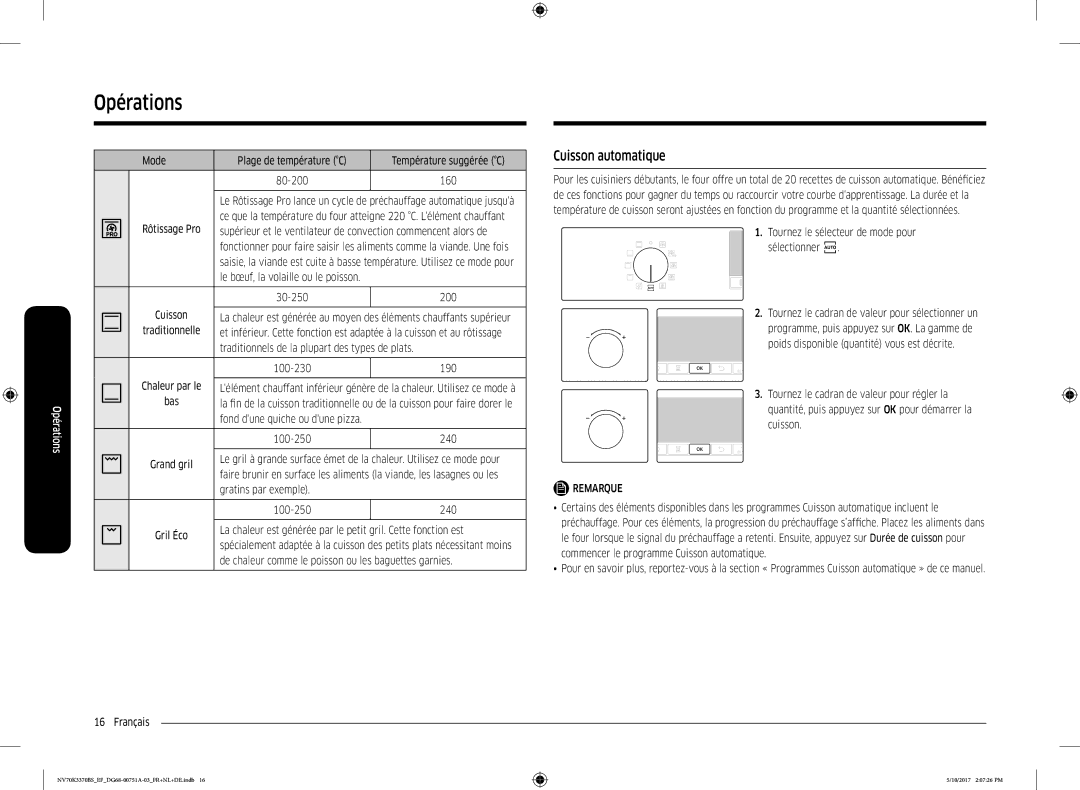 Samsung NV70K3370BS/EF manual Cuisson automatique, Mode Plage de température C Température suggérée C, Gratins par exemple 