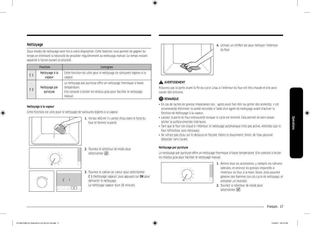 Samsung NV70M3372BS/EF, NV70K3370BS/EG, NV70K3370BS/EF, NV70K3370BB/EF, NV70M3372BB/EF manual Nettoyage, Vapeur, Manuel 