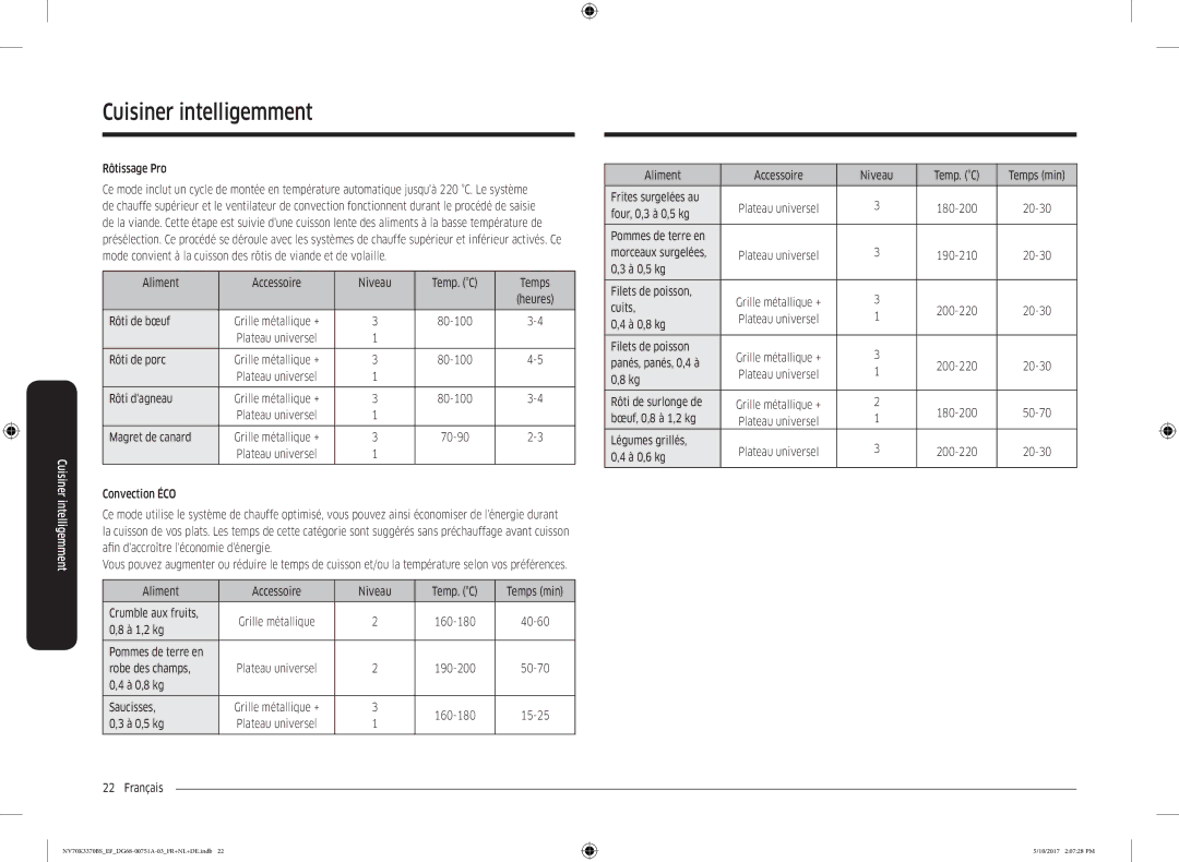 Samsung NV70M3372BS/EF Rôtissage Pro, Aliment Accessoire Niveau Temp. C Temps, Rôti de bœuf, Rôti de porc, Rôti dagneau 