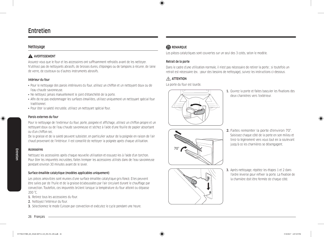 Samsung NV70K3370BS/EF manual Entretien, La porte du four est lourde, La charnière doit être fermée de chaque côté 