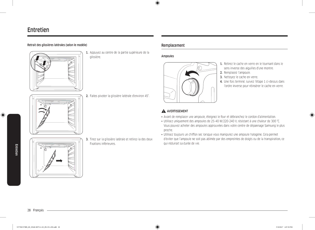 Samsung NV70K3370BB/EF, NV70K3370BS/EG manual Remplacement, Ampoules, Remplacez lampoule Nettoyez le cache en verre 