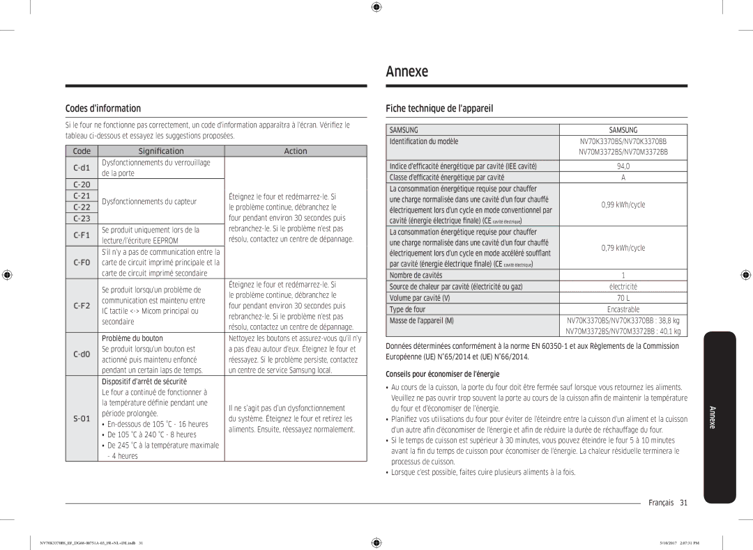 Samsung NV70K3370BS/EF, NV70K3370BS/EG, NV70M3372BS/EF manual Annexe, Codes dinformation, Fiche technique de lappareil 