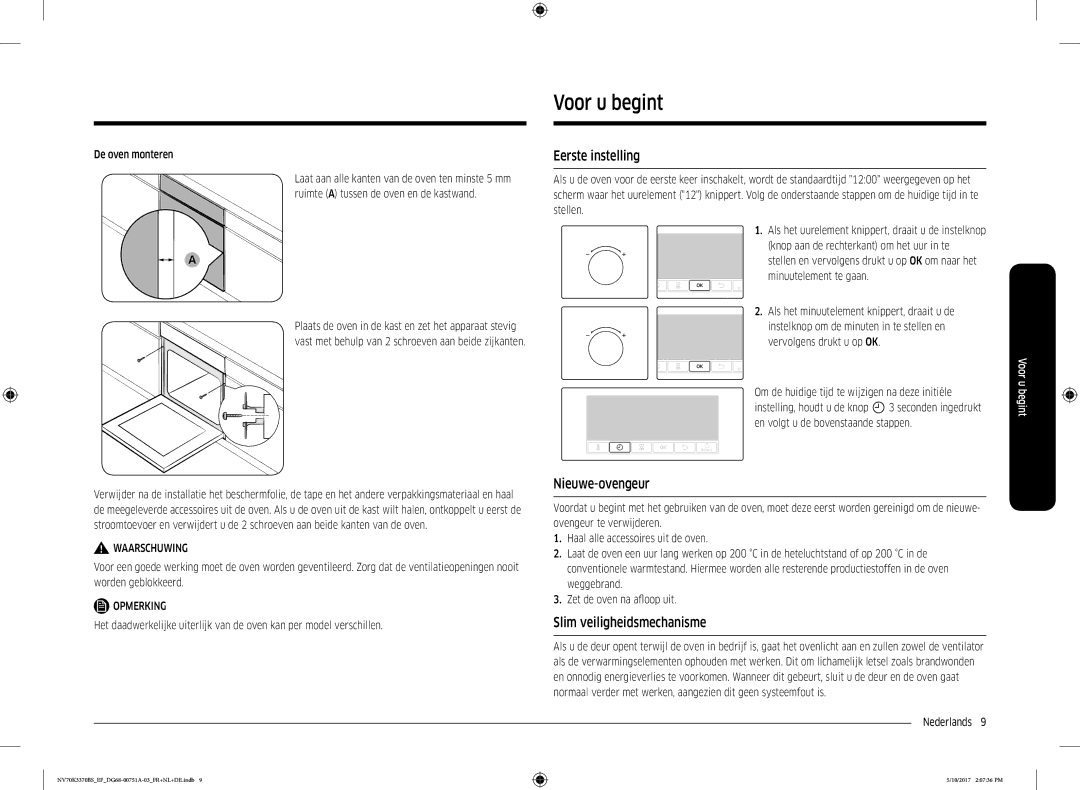 Samsung NV70K3370BS/EF Voor u begint, Eerste instelling, Nieuwe-ovengeur, Slim veiligheidsmechanisme, De oven monteren 