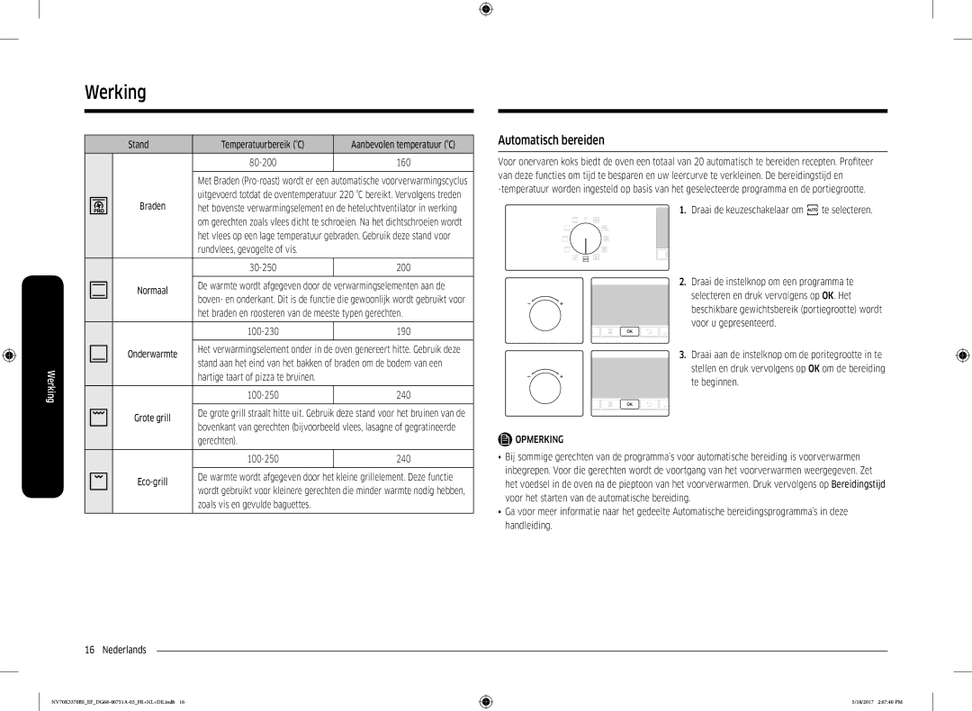 Samsung NV70K3370BB/EF manual Automatisch bereiden, Stand Temperatuurbereik C, Rundvlees, gevogelte of vis, Gerechten 